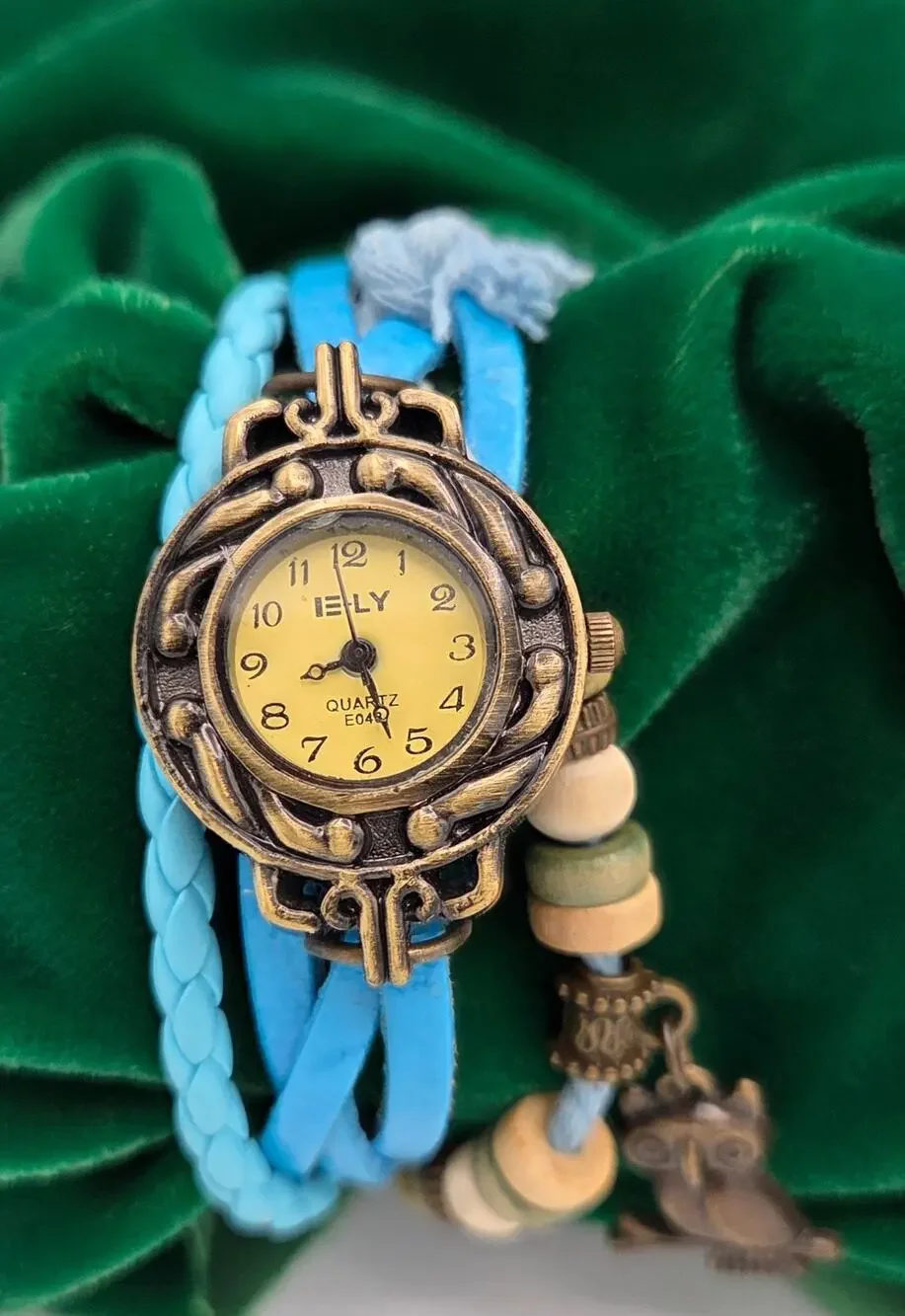 Vintage E-LY Boho Leather Wrap Watch Owl Charm Blue Beaded Bracelet WORKING